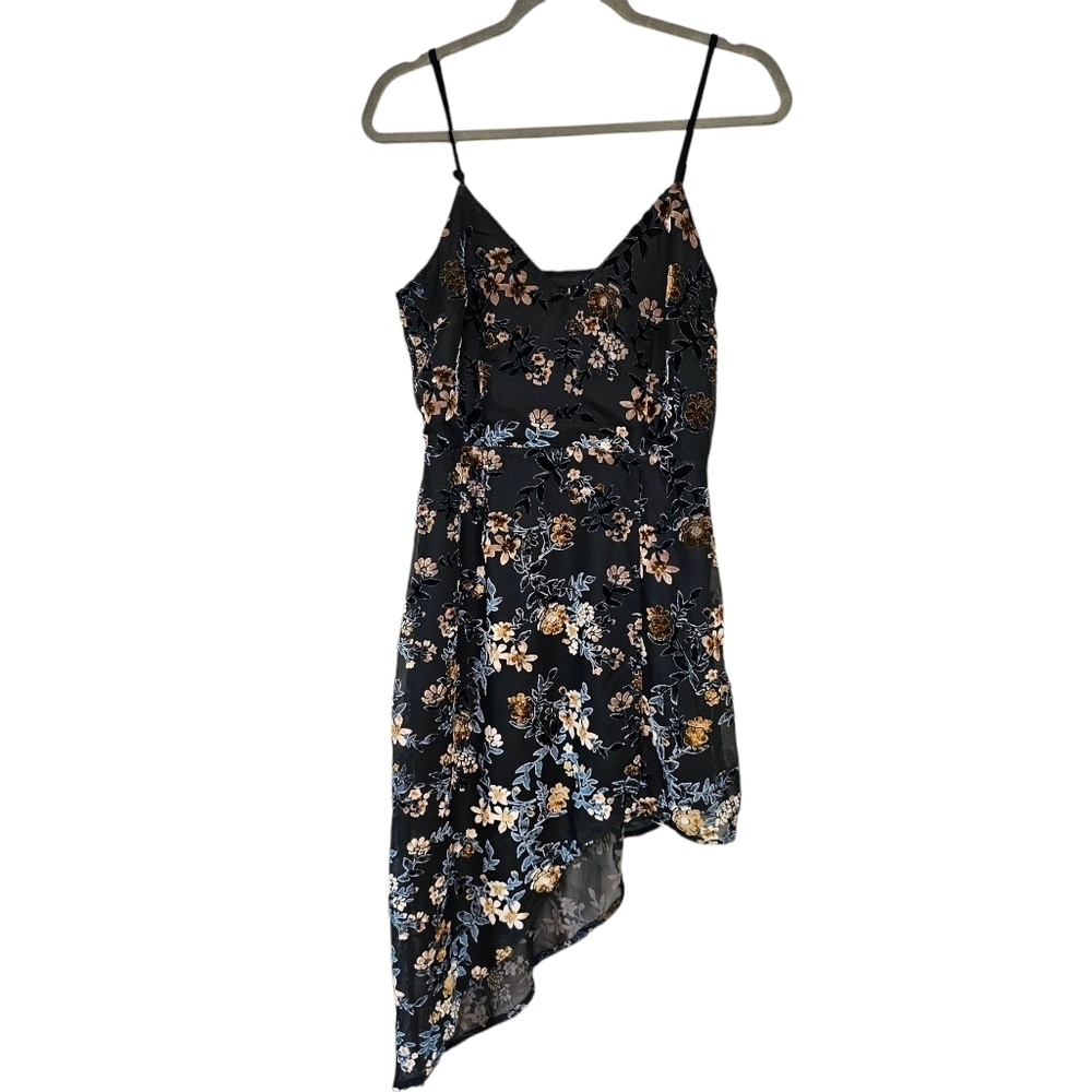Lulus Velevt Floral Evenings With You Asymmetrical Spaghetti Strap Mini Dress